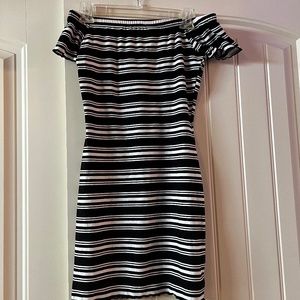 Black and White Striped Off the Shoulder Mini Dress
